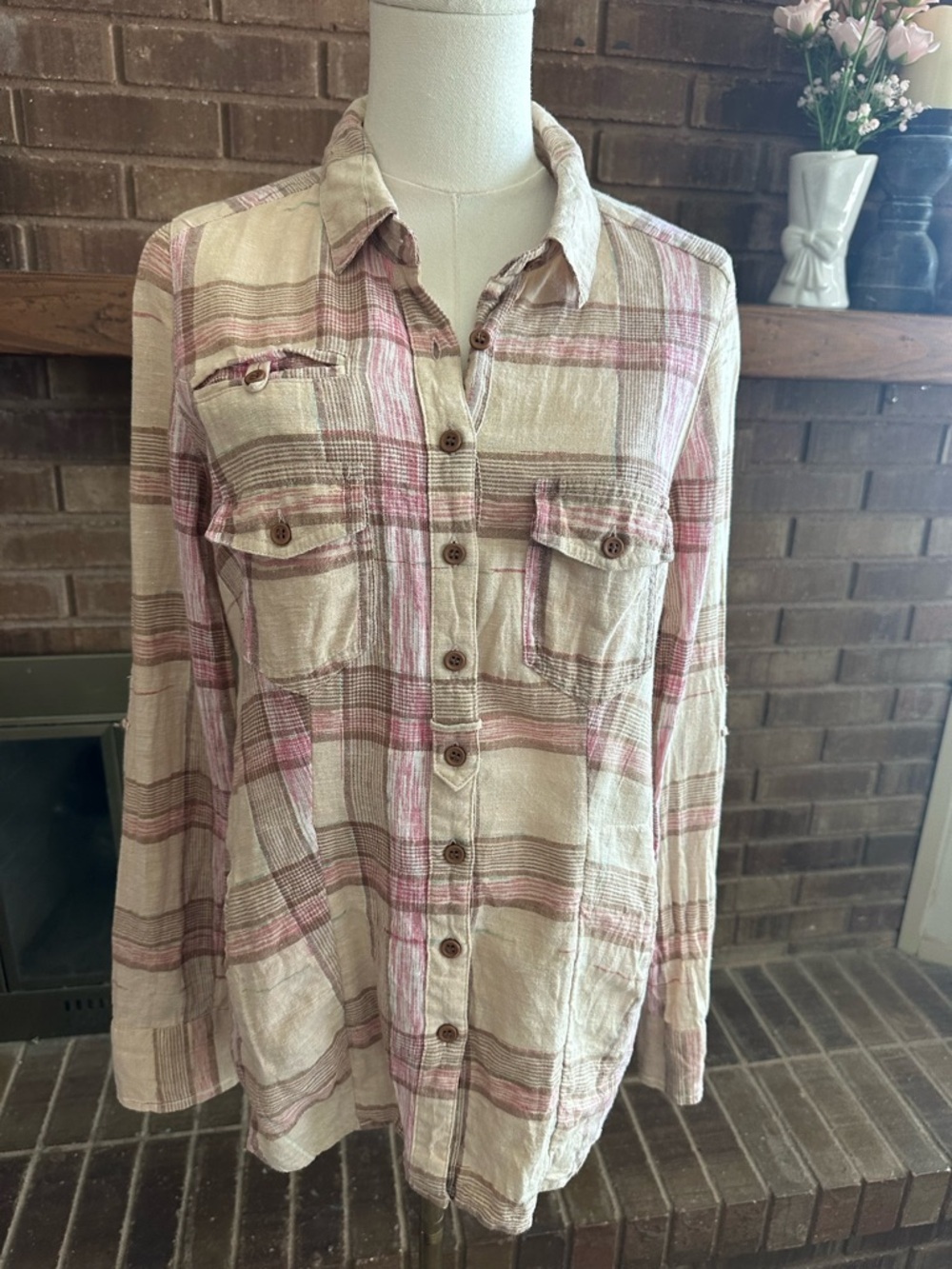 Free People Boho No Limits Plaid Linen Utility Button Up Shirt XS Pink Ivory